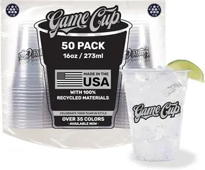 16oz Clear Plastic Cups (50 Pack) USA  Made from Recycled PET Plastic | 100% Recyclable Clear Disposable Cups for Party, Tailgating, Game Day & More
