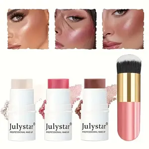 4-Piece Waterproof Cream Contour Stick Set -, Blush & Bronzer with Golden Powder Brush - Under 1 Fl Oz Shimmery All Day Illuminator Medium Coverage for All