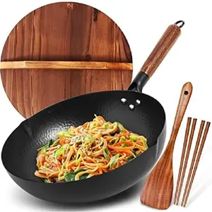 Carbon Steel Wok Pan, 5 Piece Authentic Chinese Wok & Stir-Fry Pans Set with Wooden Lid, No Chemical Coated Flat Bottom Chinese Woks Pan for All Stoves-13"