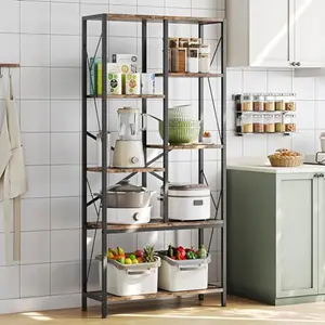 Industrial Split-Level Tall Bookcase, Vintage Metal Frame Open Display Racks, Large Staggered Storage Shelves for Living Room, Bedroom, Home Office, 31 Inch Width Standing Shelf