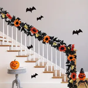 5.9 Feet Black Halloween Garland, Artificial Black Maple Leaf Garlands, Hanging Sunflower Pumpkin Vines for Thanksgiving Garden Dinner Fireplace Decor