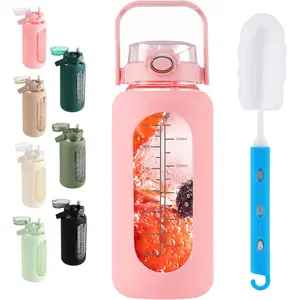 64oz Glass Water Bottle with Straw and Handle Lid Half Gallon Motivational Glass Bottle with Silicone Sleeve and Time Marker Large Reusable Water Jug for Home Workout
