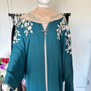 Raihana Batwing Abaya Embroidered Floral Design with Zipper Closure and Matching Scarf for Women