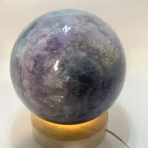 HUGE 3.3 KG Fluorite Sphere with Lighted Wooden Stand Statement Crystal One of a Kind Unique Decor