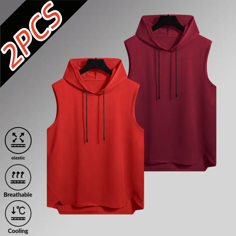2-pack men’s ice silk cooling sleeveless hoodies—breathable, quick-drying, highly elastic, skin-friendly fabric for summer; drawstring hood design; versatile athletic tops for running, fitness training, and everyday casual wear.