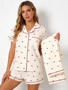 Girly Cute 3 Piece Cream Cherry Pajama Set for Women, Short Sleeve, Shorts & Long Pants, All Year Round Wearable, Cherry Print, Button Down Top, Casual Loungewear, Nightwear
