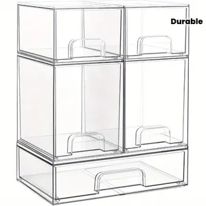 5 transparent stackable storage drawers with handles - durable plastic storage boxes, suitable for storing cosmetics, beauty products, dressing tables and bathrooms, ideal for cabinet and pantry storage, bathroom storage, and used for cosmetic storage