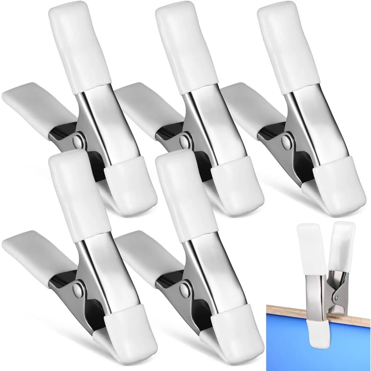 5 count Spring Clamps,  4 Inch Large Heavy Duty Metal Spring Clips Clamps with Protected Handles and Tips for Crafts Balloon Arch Photography Backdrop Stand Pool Cover Clips, White