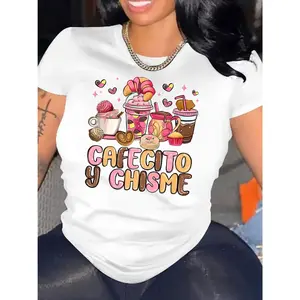 Cafecito y Chisme Dessert Graphic Print T Shirt for Women Men Comfortable Polyester Blend Casual Round Neck Short Sleeve Geometric Pattern All Season Top