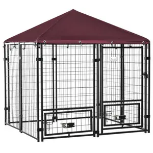 Kennel Outdoor Rotating Bowl Holders Walk in Pet Playpen Welded Wire Steel Dog Fence with Water and UV Resistant Canopy Black Red
