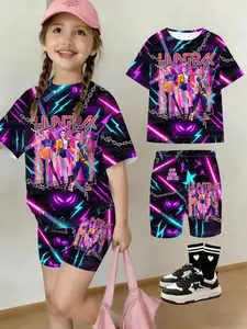 Girls Kpop Korean Style Summer Fashion Comfortable Short Sleeve Top & Yoga Shorts Set, Cyber Neon Cartoon Anime Print, Casual Daily Wear