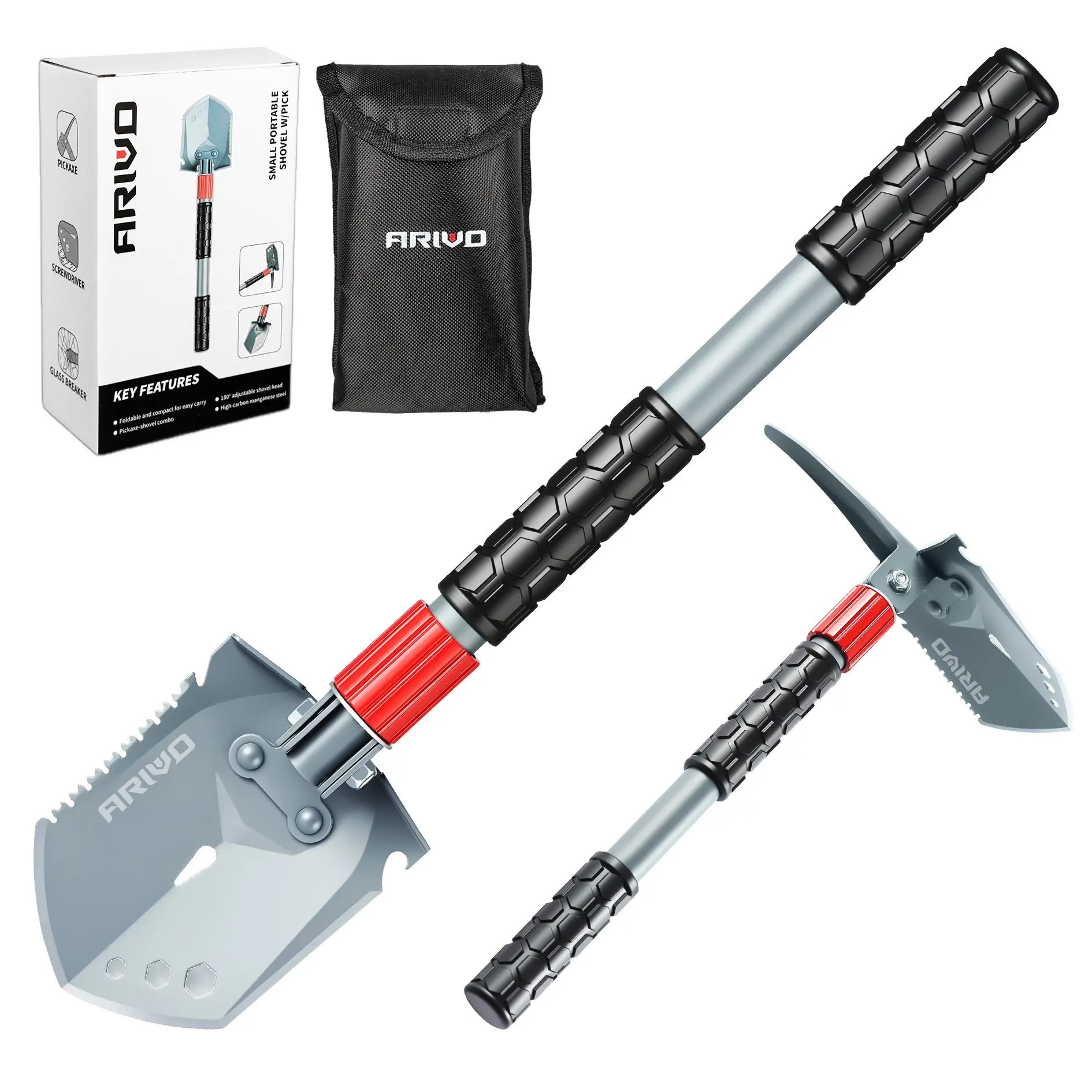 ARIVO Heavy Duty Survival Shovel - Durable Outdoor Tool, Small Portable Folding Survival Supplies with Pick for Camping, Car Emergency, Anticorrosion Coat, Forged Steel Head, 180-Degree Adjustable Angle Locking System