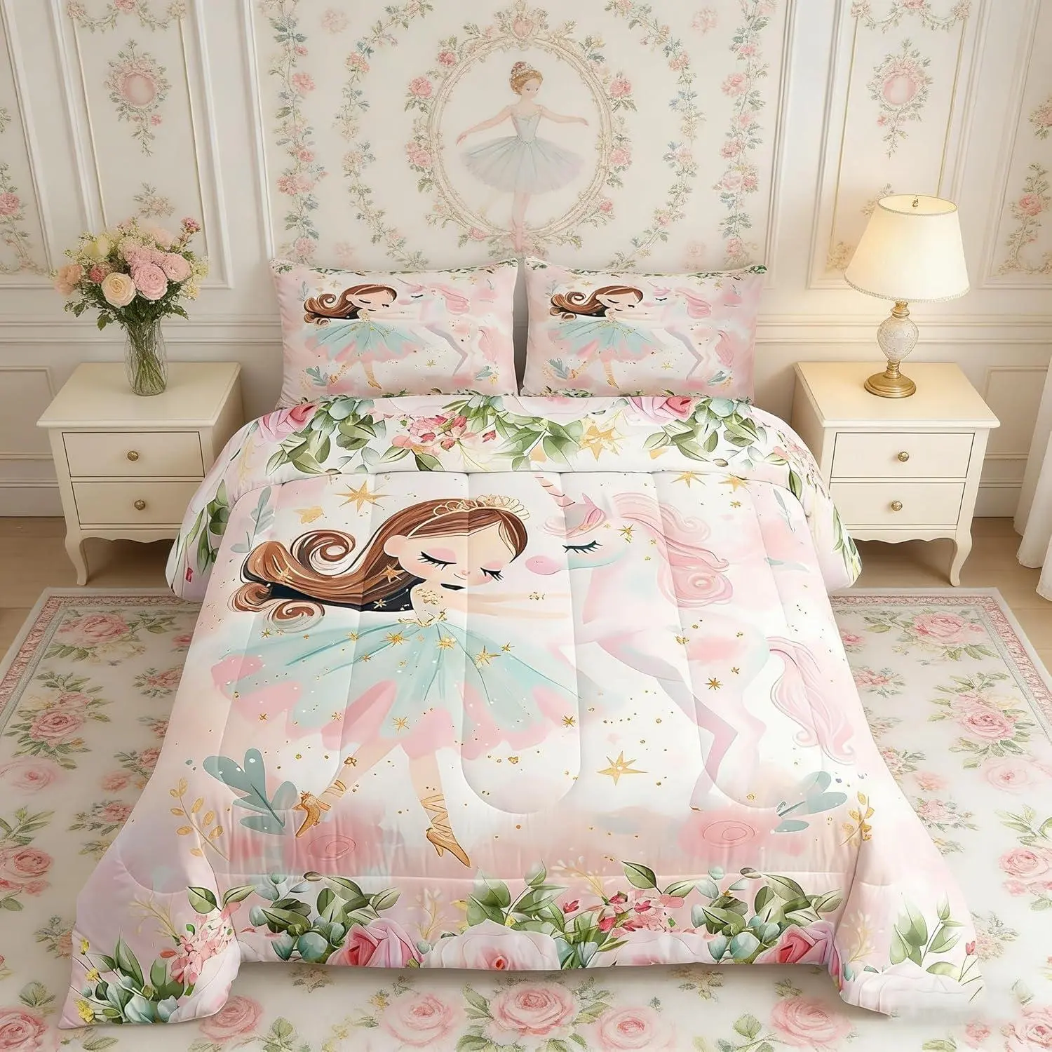 Princess Comforter Set,Kawaii Ballerina Girl and Unicorn Bedding Set for Kids,Watercolor Flower Print Down Comforter,Lightweight Duvet Insert