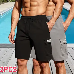 Men’s new two-piece cargo shorts set, outdoor casual style, featuring a 3D cargo design with large pockets, a loose straight cut, suitable for men who love the outdoors—ideal for pool vacations or beach casual wear.