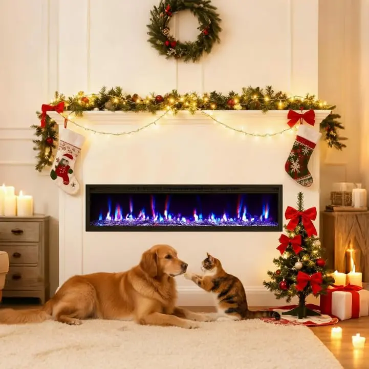 Garvee 42 Inch Wall Mounted Fireplace Insert, 750W/1500W Recessed or Wall Fireplace, 12 Flame Color, Remote Control, Tempered Glass, Built-in Fireplaces, US Plug (EF662B)