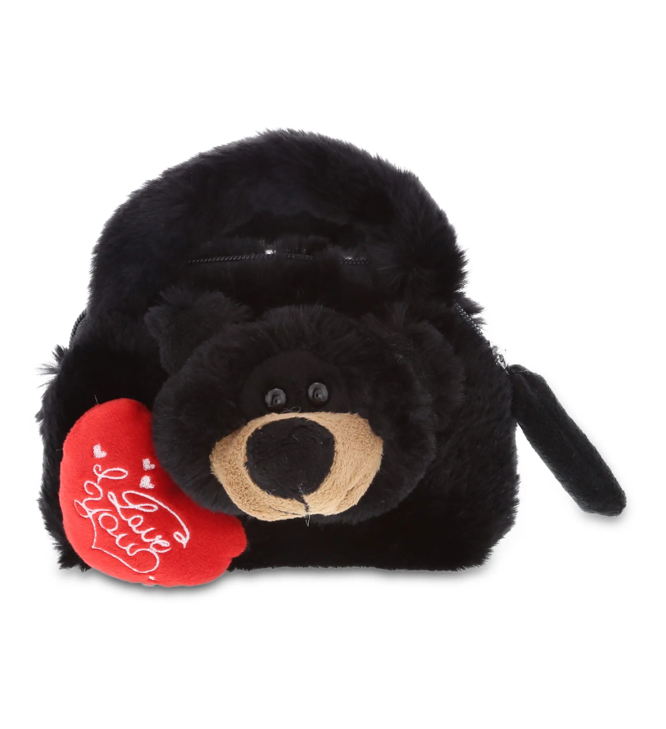 Women's Super-Soft Plush Crossbody Shoulder Bag, Cute Black Bear Design with Fluffy Fur, Soft Fillings and Customized "I Love You" Red Heart Detail