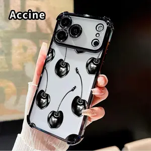 Phone Case for iPhone 17 Pro Max 16 15 Plus Air 14 13 12 11 Black Cherry Pattern Four-corner Thickened Anti-drop Protective Silicone Cover Gift.HM147