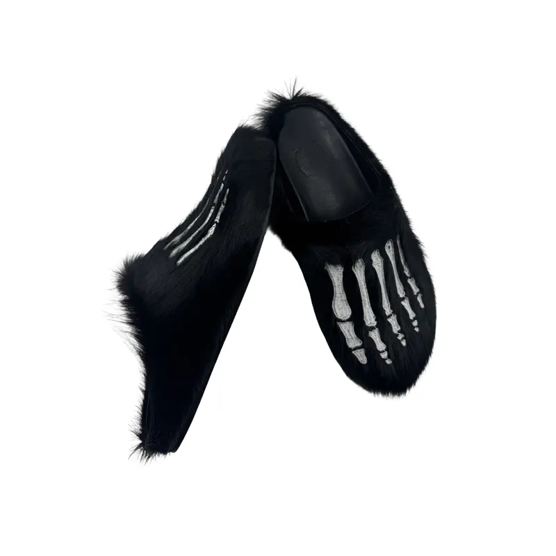 Meckmanly Men Skeleton Faux Fur Mules | Cozy Goth Punk Slippers