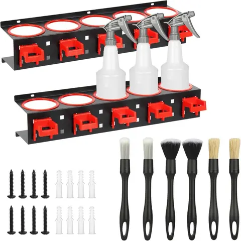 DEXH 5-Hole Sturdy Metal Spray Bottle Rack, 2-Piece Wall-Mount Garage Organizer with Hanger, Quick-Grab Access Stowing Solution for Car Detailing, Easy Setup Daily Use Storage