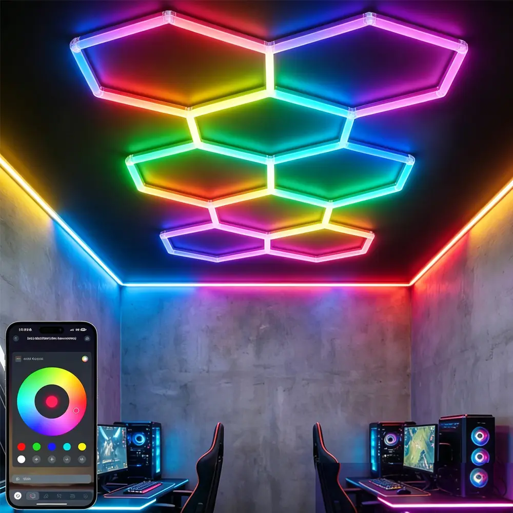 RGB Hexagonal Honeycomb Light, Modular Garage Light System, Smart LED Hexagon Garage Lights for Ceiling or Wall, DIY Color Lighting Panels Music Sync, Remote Control, Decorative Honeycomb Light Garage, Black Friday, Halloween, Christmas gifts