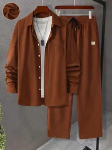 Men's Two-Piece Set, Solid Color Button Shirt Top & Drawstring Casual Pants, Long Sleeve Fitted Woven Fabric, Fall Winter