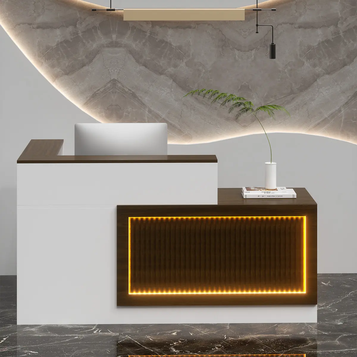 Modern Office Reception Desk with LED Light Strip & Storage Functionality Multifunctional L-Shaped Executive Desk for Professional Use Fire Safety Label Included