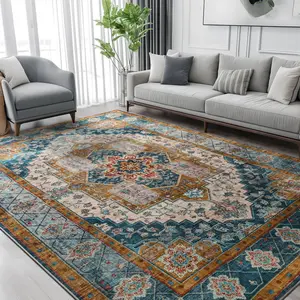 6x9 Washable Area Rugs for Living, Bedroom, Non Slip Floral Vintage Rug Indoor Carpet, Stain Resistant Throw Rug for Dining Room Kitchen, Red, Orange, Light Blue, Green/Brown, Blue/Orange, 4x6, 5x7,6x9 Feet