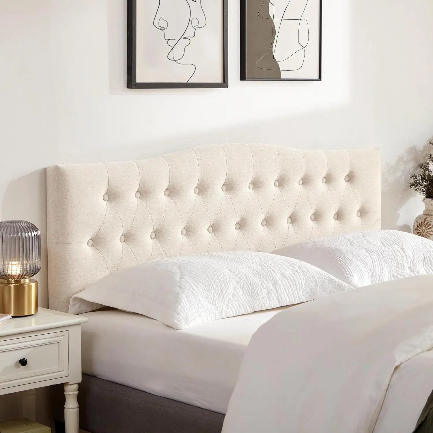 Tufted Headboard Queen Size, Solid Wood Adjustable Height Head Board, Beige