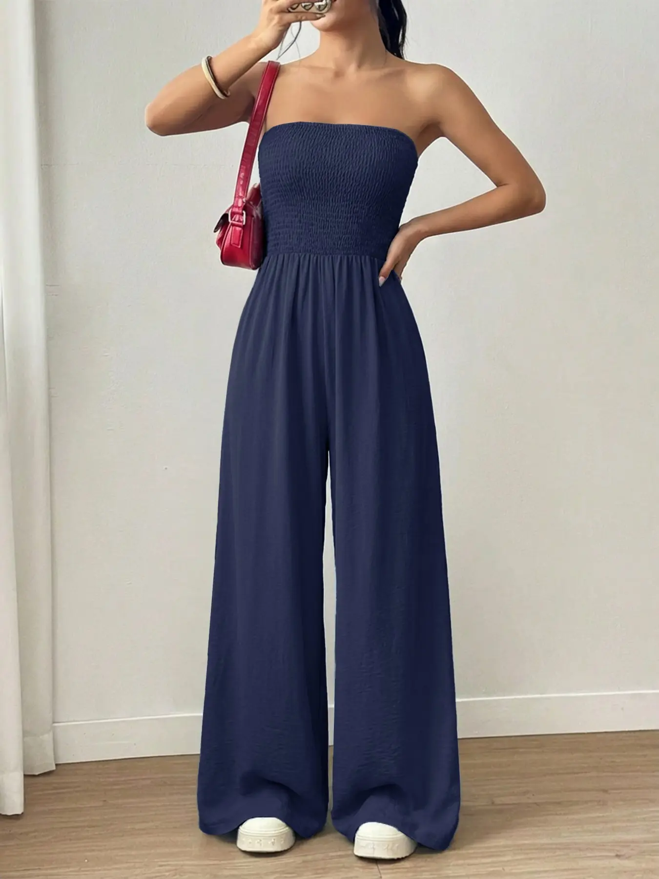 Boho Bohemian Style Tank Top Romper Jumpsuit for Women, Summer Vacation Beach Chic Fashion, Strapless High Waist Wide Leg Pants, Loose Fit Slimming Long Pants