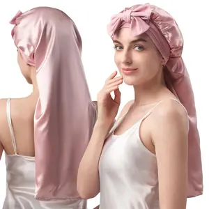 22 Momme  Mulberry Silk Bonnet for Sleeping Women Long Hair, Double-Layered Silk Hair Bonnet with Elastic Tie Band, Extra Long Sleep Cap for Braids Curly Hair Care, 1 count,