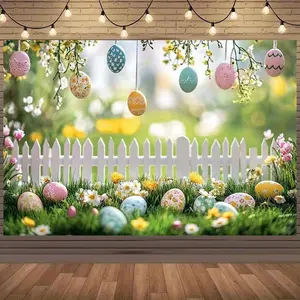 1PC,2D Flat Easter Theme Backdrop, Grass Easter Eggs & White Fence Decor Photography Background, Party Scene Decoration Backdrop, Festival Event Photo Backdrop, Family Gathering Decor Wall Hanging