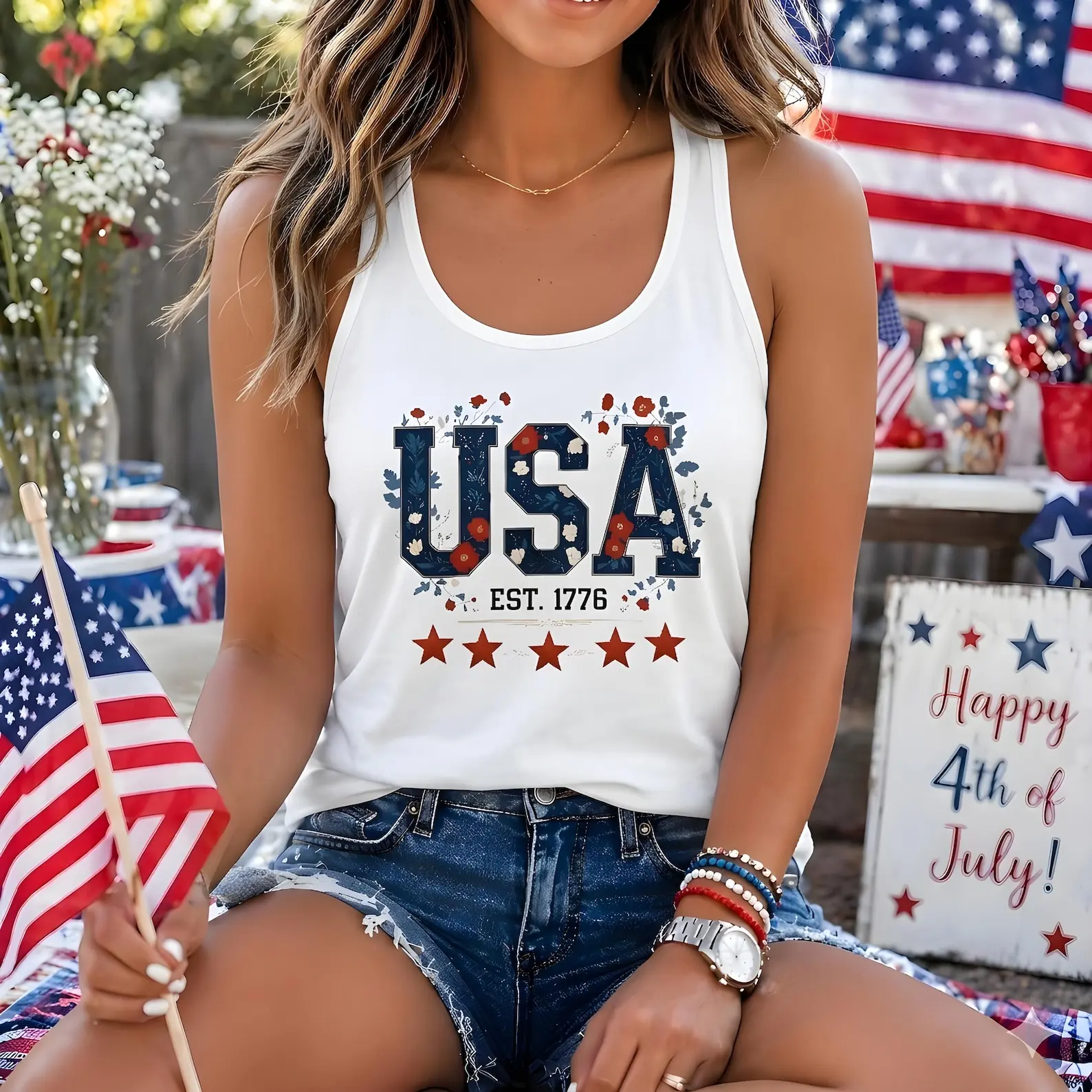 USA Est 1776 Floral Tank Top Shirt - Patriotic Red White Blue Cotton Racerback Tee