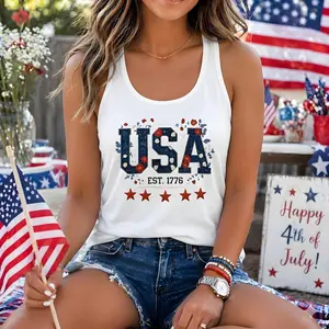 USA Est 1776 Floral Tank Top Shirt - Patriotic Red White Blue Cotton Racerback Tee