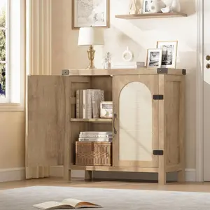 Sideboard Buffet Cabinet  Accent Cabinet with Shelves and Strong Wood Legs  Farmhouse Storage Cabinet with Rattan Doors  Small Console Cabinet for Bedroom  Living Room  Entryway  Natural