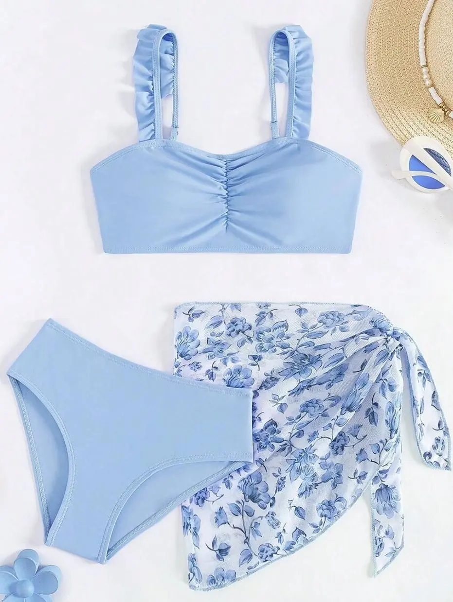 Teen Girl 3-Piece Pink Burkini Swimsuit, Modest Floral Wrap Skirt Bathing Suit for Beach Vacation