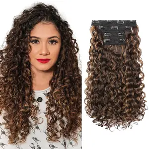 Curly Hair Extensions - 4PCS 18" GoGo Curly Clip in Hair Extensions 100% Super Protein Hairpieces with Invisible Lace Weft Silky Natural Look for n - Chocolate Brown with Golden Highlights