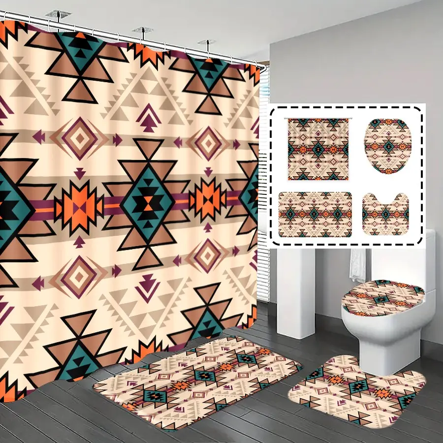 [Popular Choice]1pc/4pcs, bathroom curtains shower, bathroom set, shower curtains, Shower Curtain Sets, bathroom rug, home decoration, bathroom mat, geometric patterns, Bohemian theme decoration, bathroom set, with 12 hooks.