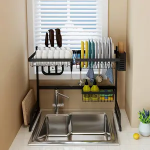 Large Over The Sink Dish Drying Rack (33.4"-41.3") 2 Tier Length Dish Drainer for Sink Auto Drainage Saving Organizer, Black (25.6'’-33.5'’)
