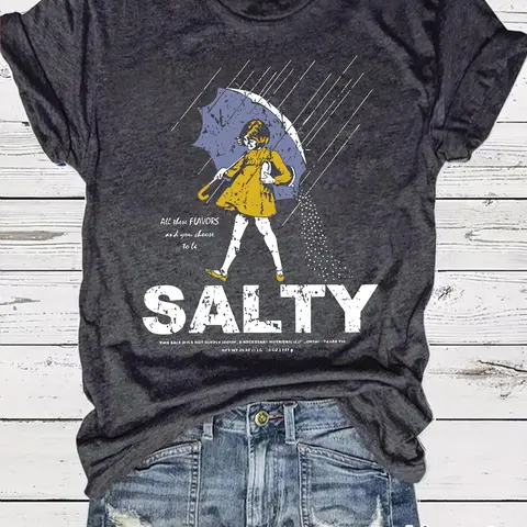 【Black Friday】Women's Trendy Umbrella & Girl Print Round Neck Tee, Vintage Fitted Short Sleeve T-shirt for Daily Wear, Street Style Graphic Top, Womenswear, Ladies Summer Clothes