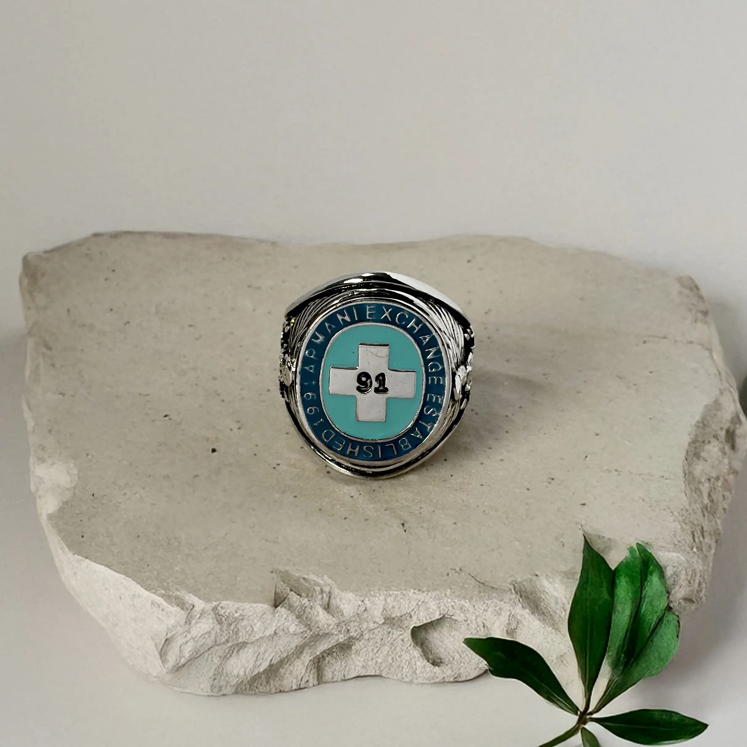 Blue Shield College Style Ring, Trendy Jewelry, Fashion Ring/SZ.12