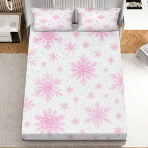 3Pcs Snowflake Winter Holiday Fitted sheet Three Piece Set (1*Fitted Sheet+2*Pillowcases, Coreless), Christmas theme, Seasonal Bedding Set, Mattress protector Soft, Breathable