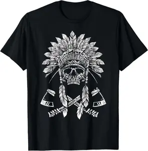 100% Cotton vintage indian native american skull with tomahawk axe T-Shirt
