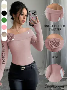 Women's One Shoulder Rose Waist Knit Sweater, Daily Commute Date, Versatile Knitted Pullover, Stylish and Comfortable, Knitwear