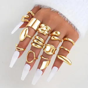 14pcs Gold Chunky Rings Set for Women 14K Gold Plated Thick Dome Stackable Open Plain Band Rings Statement Trendy Rings Gift Metal Coating