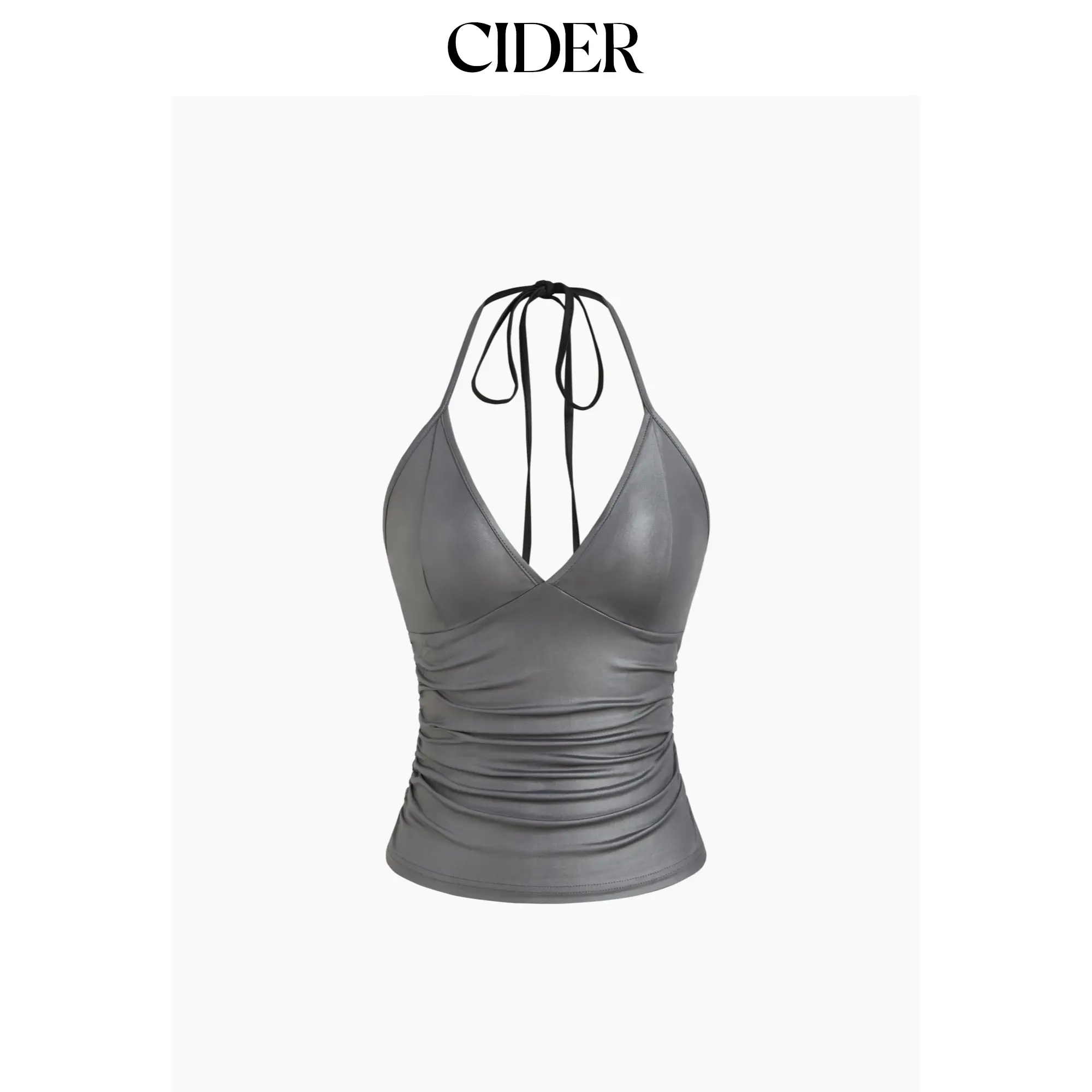 Cider Women's Satin Halter Neck Ruched Cami Top, Comfortable Deep V-Neck Cropped Tank Top for Y2K Vintage Spring&Summer Outfits