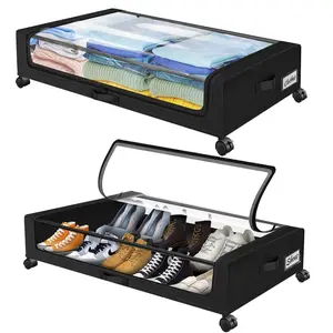 Under Bed Storage with Wheels, Under Bed Shoe Storage Larger Capacity with PVC Clear Window & Label, Under the Bed Storage Containers for Shoe Clothes Toy Book (2 Pack, 4Pack, Black, Grey)  Organiser clothes organizer