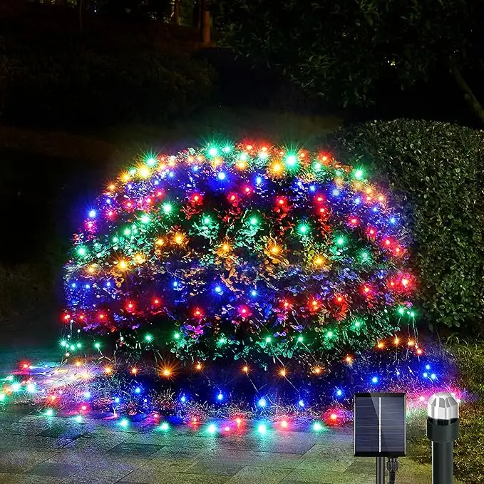 Solar Christmas Net Lights, 208 LED Multicolor 9.9×6.6Ft Outdoor Waterproof Mesh Lights, 8 Modes Timer Solar Powered Decor for Bushes Lawn Tree Holiday Decor party decor
