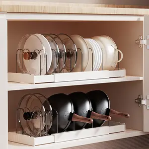 Pot Lid and Pan Organizer Rack for Cabinet, Expandable Holder with 7 Rust Resistant Stainless Steel Dividers, Vertical Storage for Frying Pans, Lids, Cutting Boards, Bakeware, Kitchen Cabinet Countertop Organizer (White)