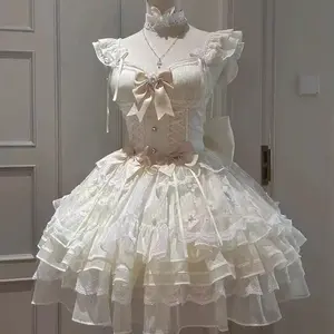 Sweet Princess Lolita Elegant Woman Party Dress Y2k Chic Bow Fairy Vintage Dress Slim Flower Lace Retro Outfits Japanese Summer