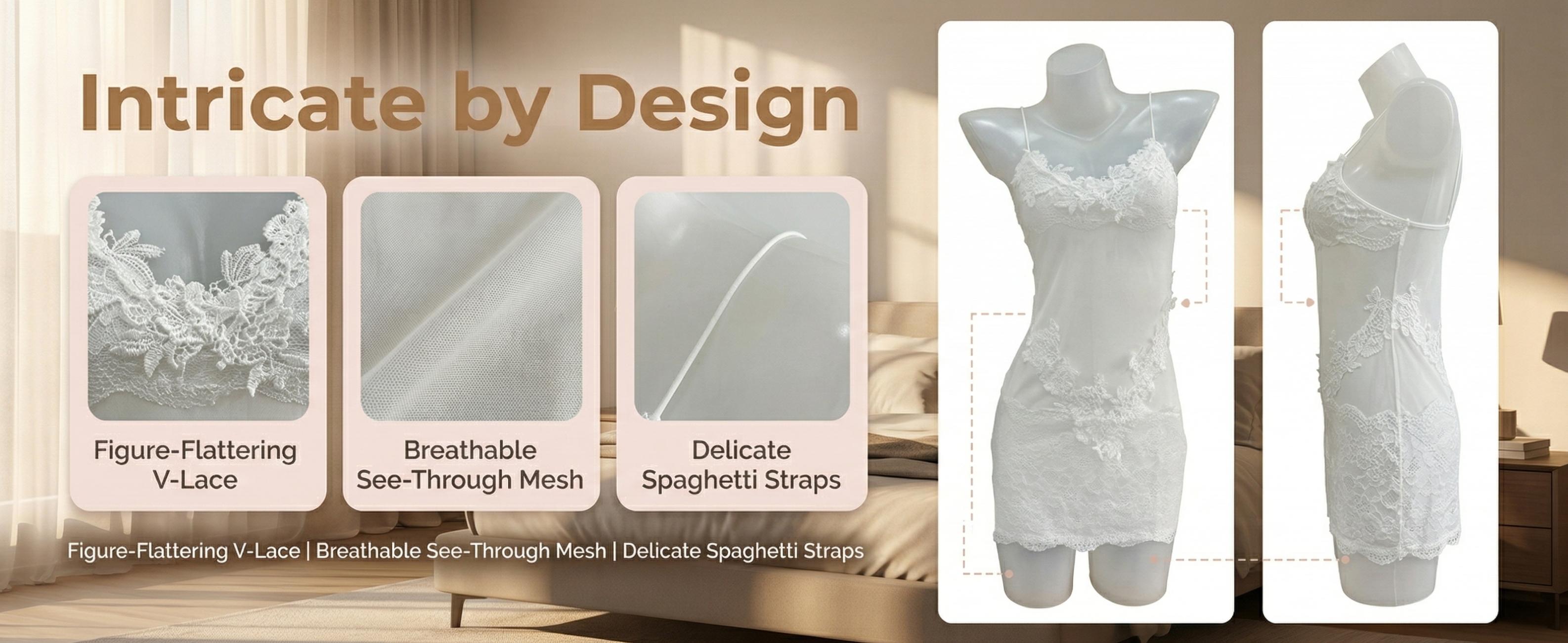 SILIX Lace Trim Mesh Chemise Lingerie Set - Sexy 3D Floral Embroidery Nightgown with Adjustable Spaghetti Straps & Sculpting Effect Mini Slip Dress Sexy Feminine Lingerie Set Underwear